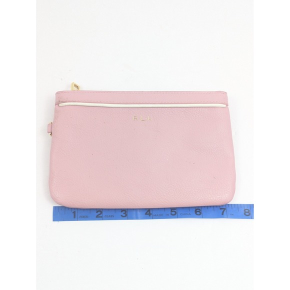 Ralph Lauren Pink Leather Wristlet Clutch Pouch RLL Logo Gold Zip Womens - Picture 12 of 14